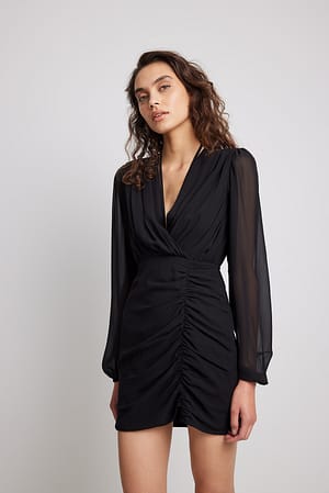 Black Gathered V-neck Mini Dress