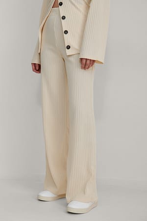 Beige Straight Ribbed Pants