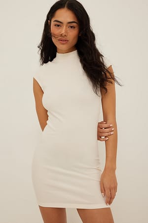White Organic High Neck Ribbed Mini Dress