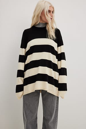 Beige/Black Oversized Knitted Wide Stripe Sweater