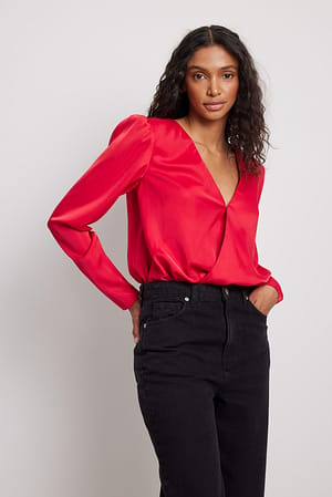 Red Puff Sleeve Overlap Body