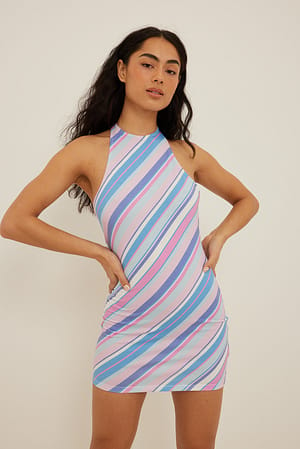 Multi Stripe Recycled Striped Halterneck Mini Dress