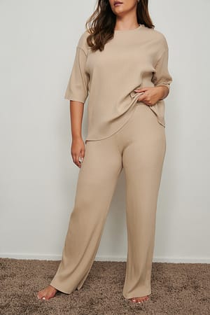 Beige Ribbed Straight Pants