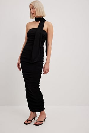 Black Rouched Strapless Scarf Dress