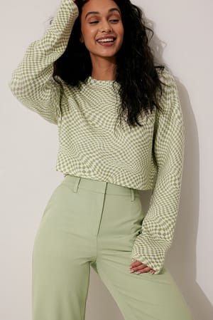 Checked Green Round Neck Knitted Sweater