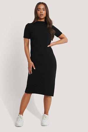 Black Straight Basic Side Slit Dress