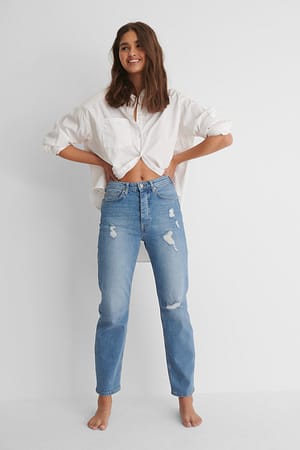 Mid Blue Straight High Waist Destroyed Jeans