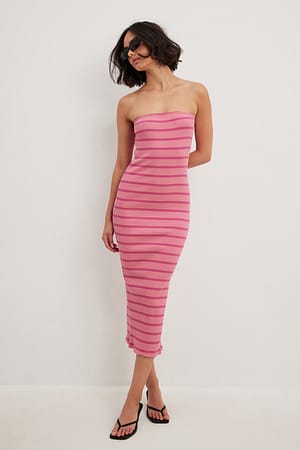 Pink Mix Striped Tube Midi Dress