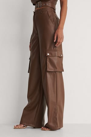 Chocolate Brown Wide Detail PU Pants