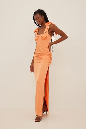 Peach Wire Detail Tie Shoulder Straps Maxi Dress