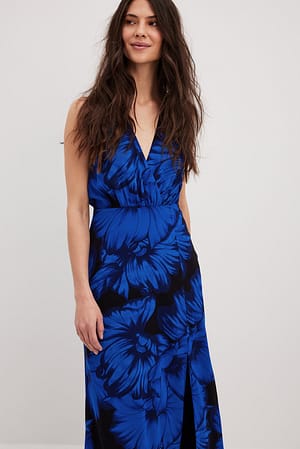Navy Blue Flower Wrap V-Neck Maxi Dress