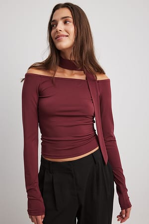 Wine Red Neck Detail Long Sleeve Top