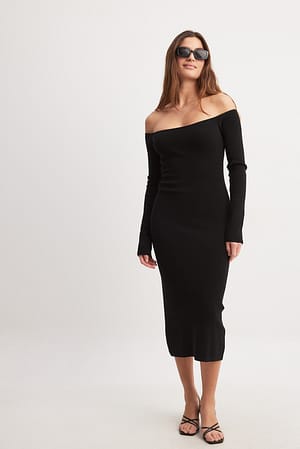 Black Offshoulder Knitted Midi Dress