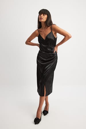 Black Overlap Satin Slip Dress