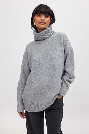 Grey Oversized Knitted Turtle Neck Sweater