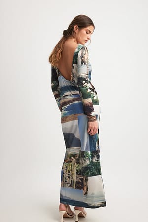 Photo Print Photographic Collage Long Sleeve Maxi Dress