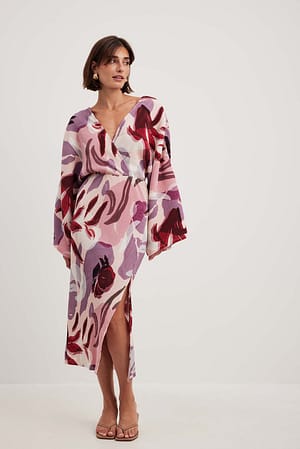Abstract Floral Pleated Overlap Midi Dress