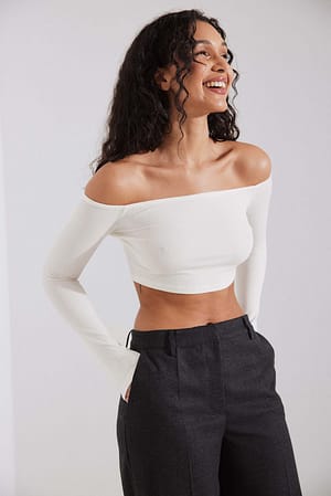 Offwhite Rib Bare Cropped Shoulder Top