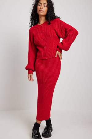 Red Rib Knitted Midi Skirt