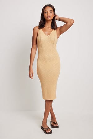 Apricot Ribbed Detail Knitted Midi Dress