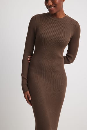 Brown Ribbed Knitted Midi Dress