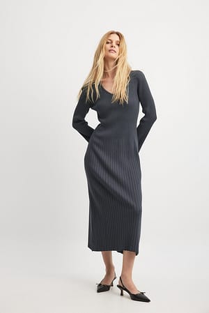 Dark Grey Ribbed Knitted Midi Dress