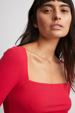 Red Ribbed Square Neck Detail Top