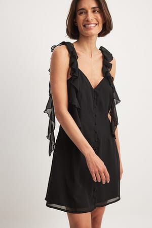Black Ruffle Shoulder Chiffon Mini Dress