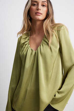 Olive Green Satin Blouse with Gathered Neckline