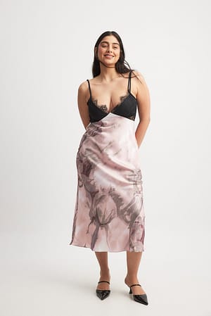 Pink Print Satin Lace Detail Midi Dress