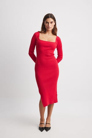 Red Scoop Neck Midi Slit Dress