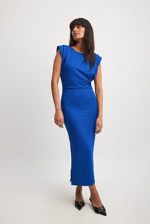 Blue Sharp Shoulder Midi Dress