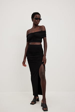Black Side Rouched Maxi Slit Skirt