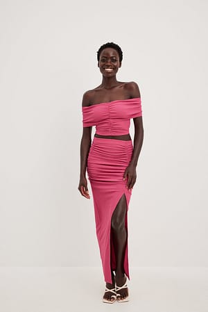 Pink Side Rouched Maxi Slit Skirt