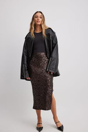 Dark Brown Slit Detail Sequin Midi Skirt