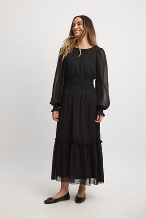 Black Smocked Detail Ankle Dress