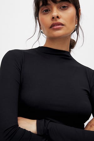 Black Soft Line Funnel Neck Long Sleeve Top