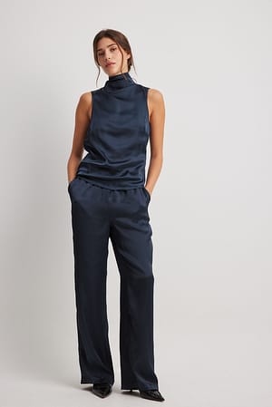 Navy Blue Straight Satin Trousers