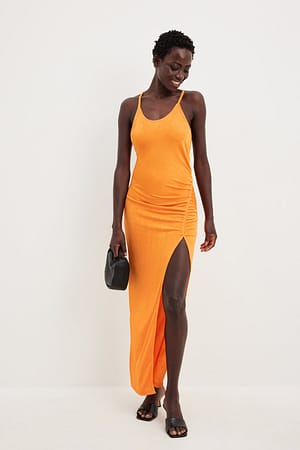 Orange Strap Detail High Slit Dress