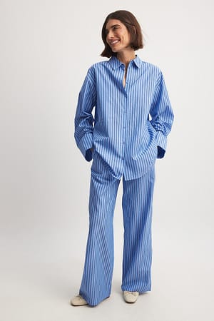 Blue Stripe Striped Elastic Mid Waist Trousers