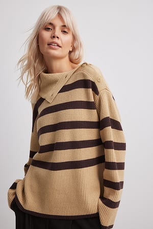 Beige/Brown Striped Knitted Turtleneck Sweater