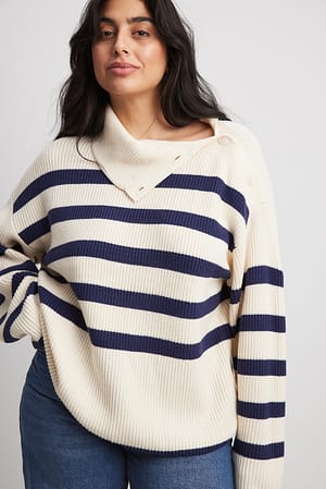 Off White/Navy Stripes Striped Knitted Turtleneck Sweater