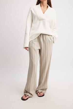 Beige Stripe Linen Blend Striped Pants
