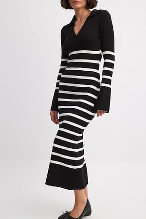 Black/White Stripe Striped Rib Knitted Trumpet Sleeve Dress