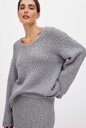 Grey Structured Knitted V-Neck Sweater