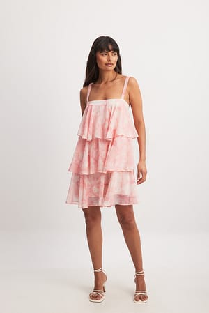 Pink Print Tiered Chiffon Mini Dress