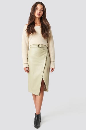 Beige Overlapped Faux Leather Midi Skirt