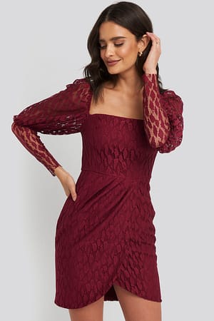 Burgundy Lace Sleeve Detailed Mini Dress