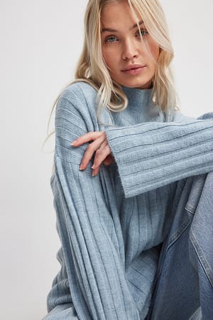 Blue Turtle Neck Knitted Wide Rib Sweater