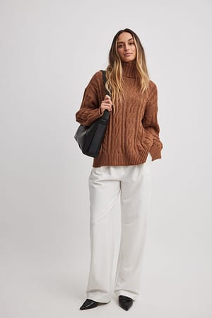 Rust Turtleneck Knitted Cable Sweater